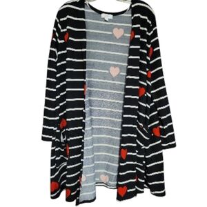 LuLaRoe Black and White Striped Cardigan with Red Hearts